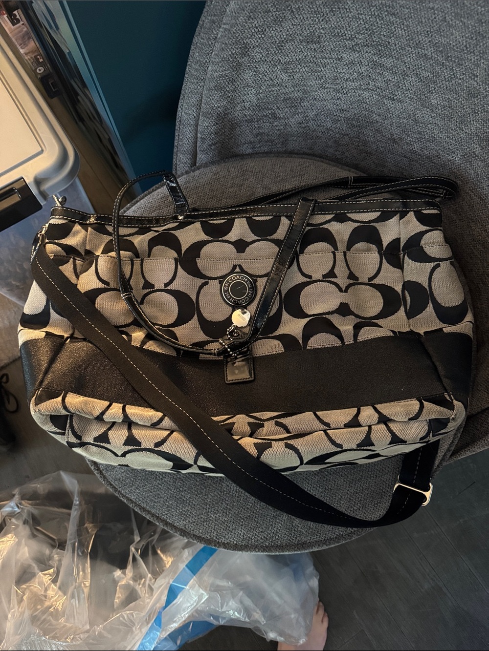 Coach Black and Beige Signature Shoulder Bag with Crossbody Strap